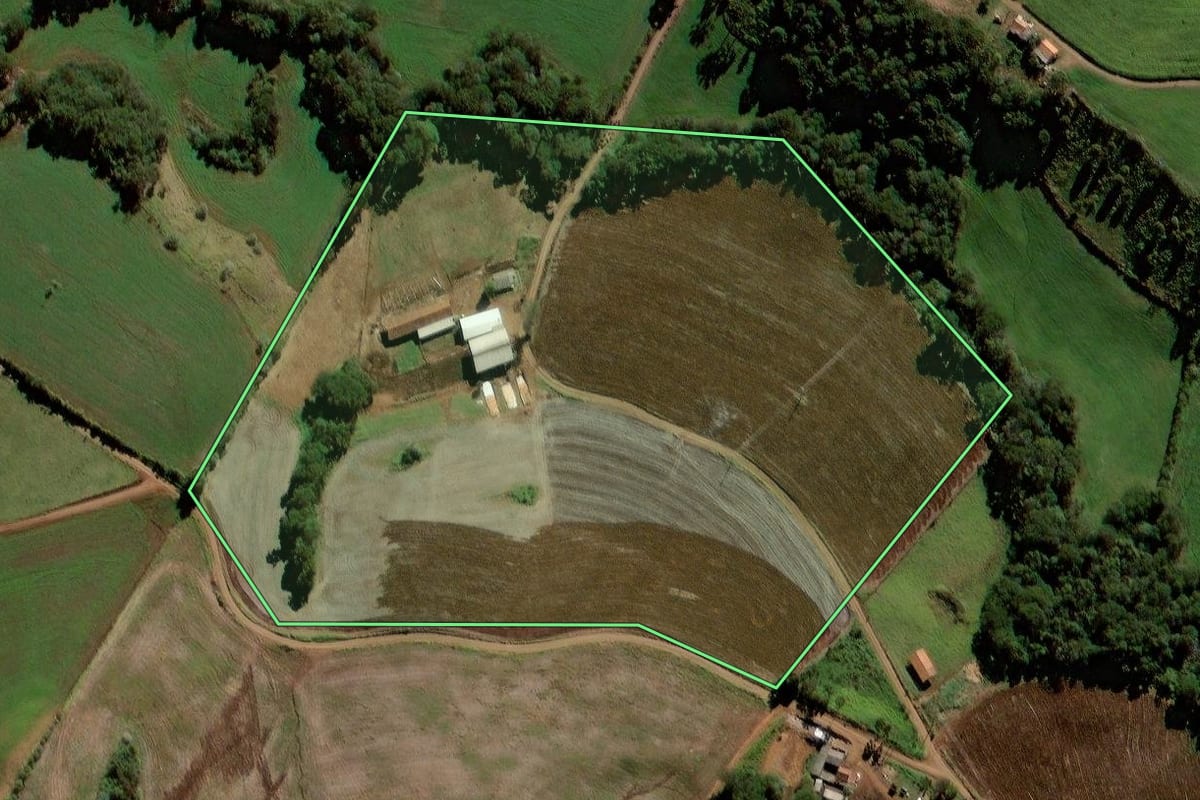 Imagem de satélite do imóvel rural em Laranjeiras do Sul (PR), com o contorno declarado no CAR desenhado por cima.