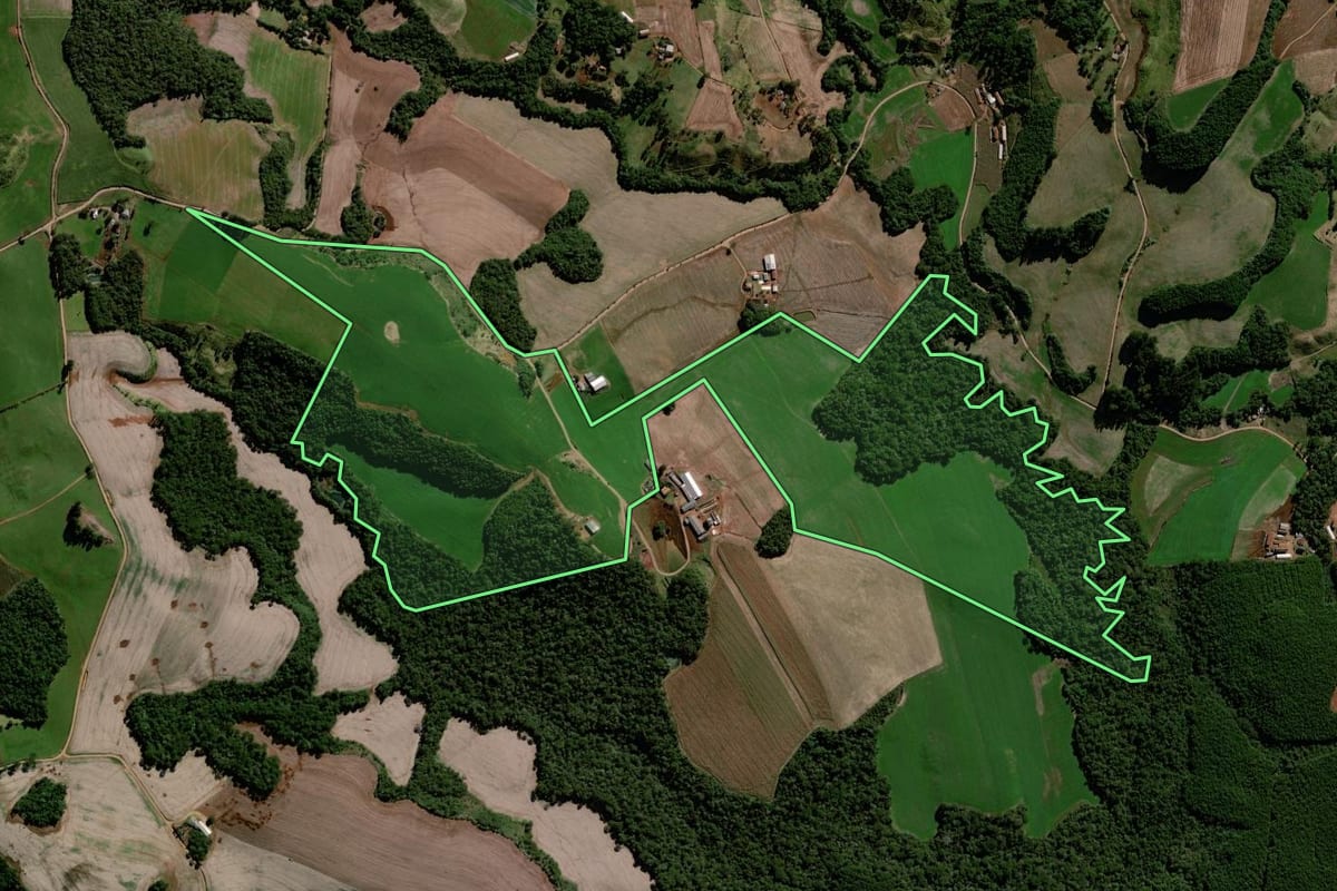 Imagem de satélite do imóvel rural em Laranjeiras do Sul (PR), com o contorno declarado no CAR desenhado por cima.