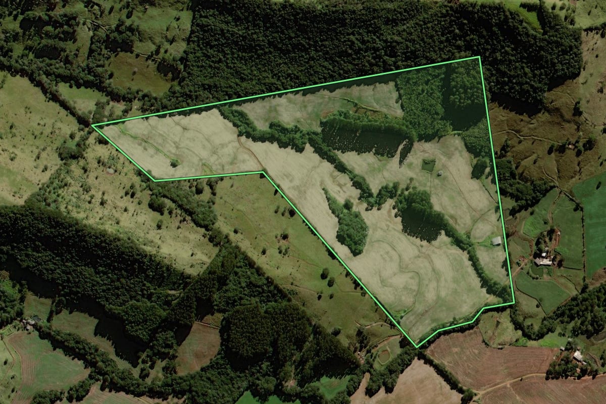 Imagem de satélite do imóvel rural em Laranjeiras do Sul (PR), com o contorno declarado no CAR desenhado por cima.