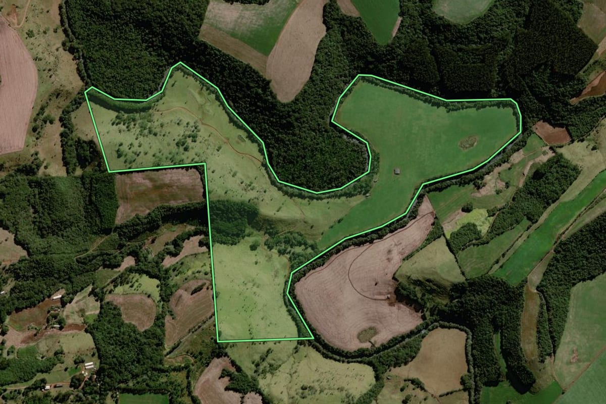 Imagem de satélite do imóvel rural em Laranjeiras do Sul (PR), com o contorno declarado no CAR desenhado por cima.