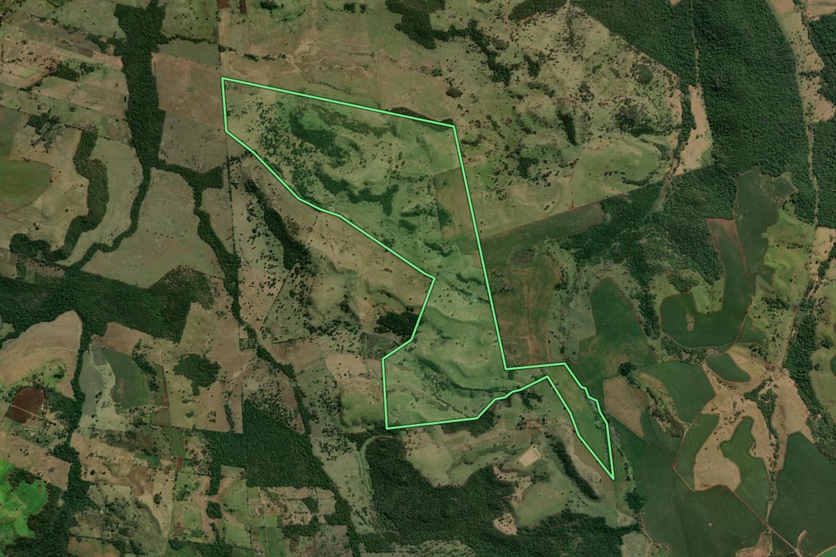 Imagem de satélite do imóvel rural em Leópolis (PR), com o contorno declarado no CAR desenhado por cima.