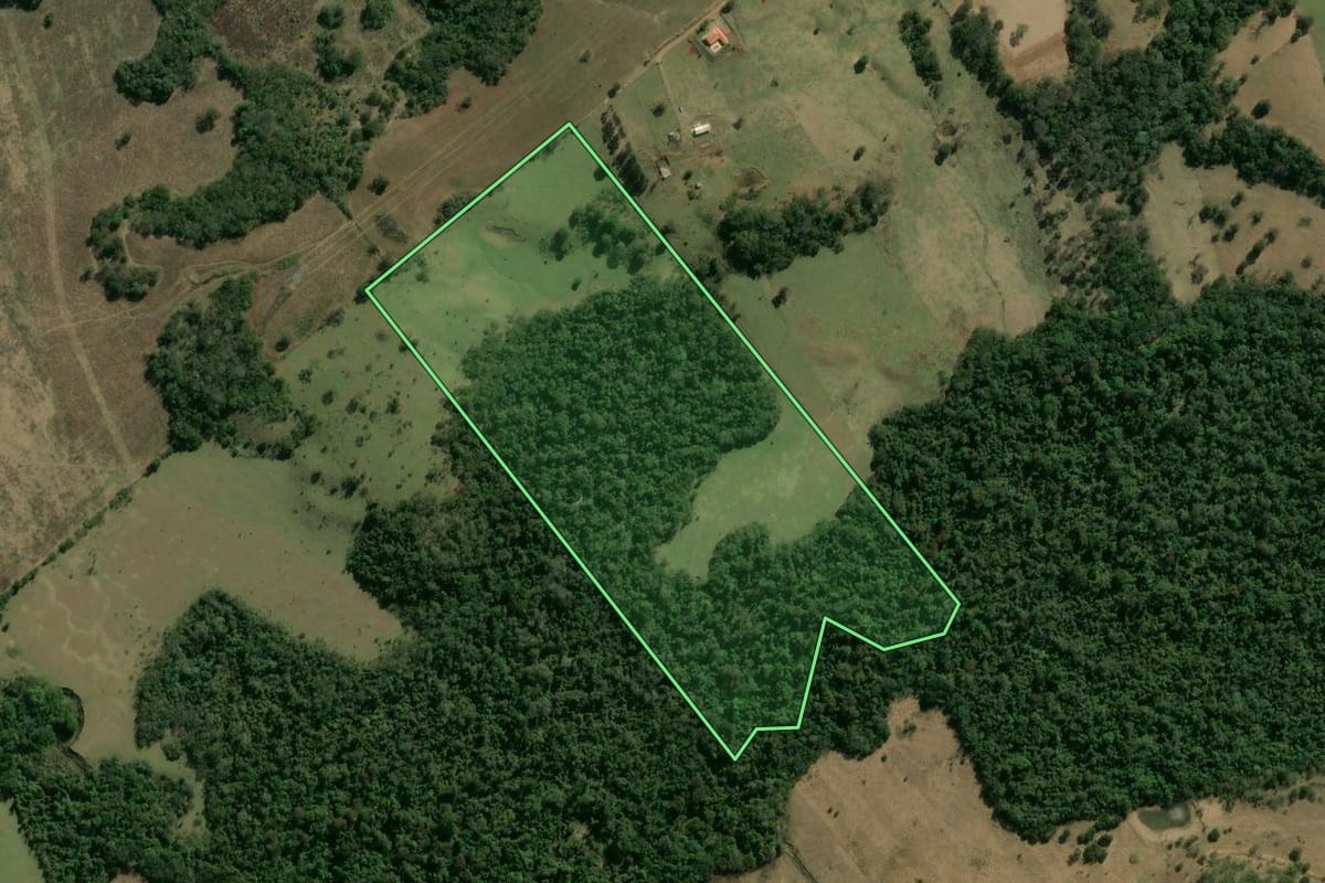 Imagem de satélite do imóvel rural em Leópolis (PR), com o contorno declarado no CAR desenhado por cima.