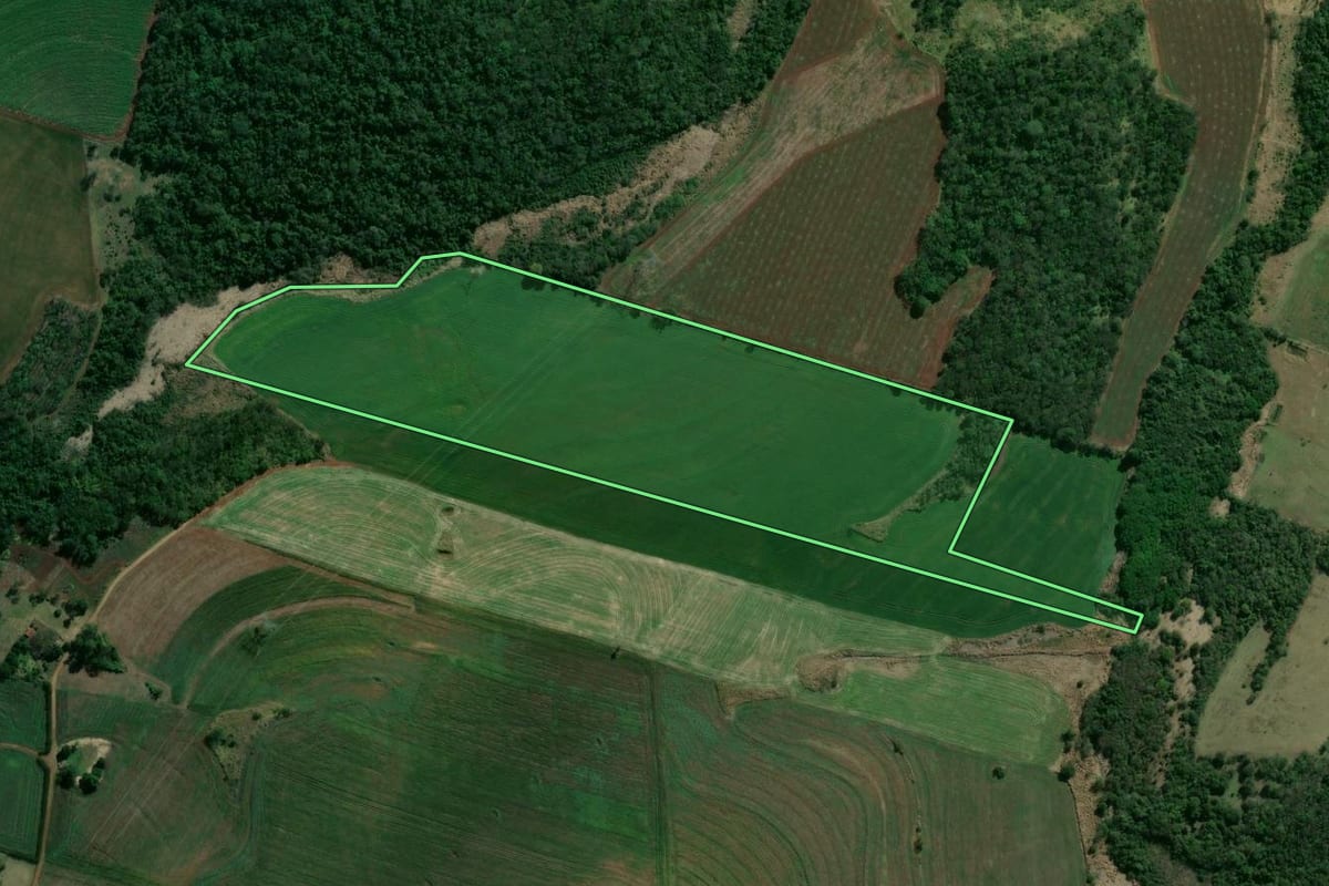 Imagem de satélite do imóvel rural em Leópolis (PR), com o contorno declarado no CAR desenhado por cima.