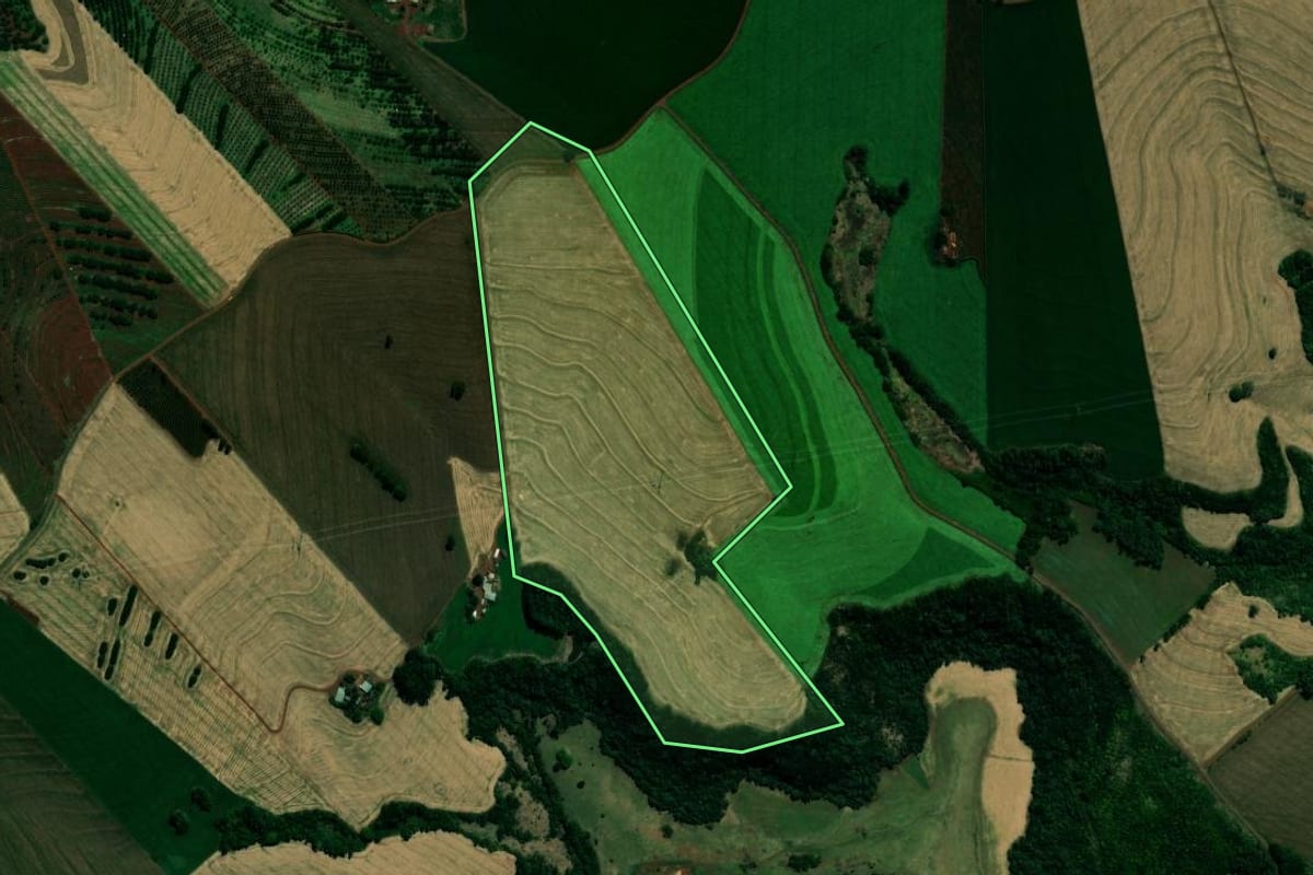 Imagem de satélite do imóvel rural em Lidianópolis (PR), com o contorno declarado no CAR desenhado por cima.