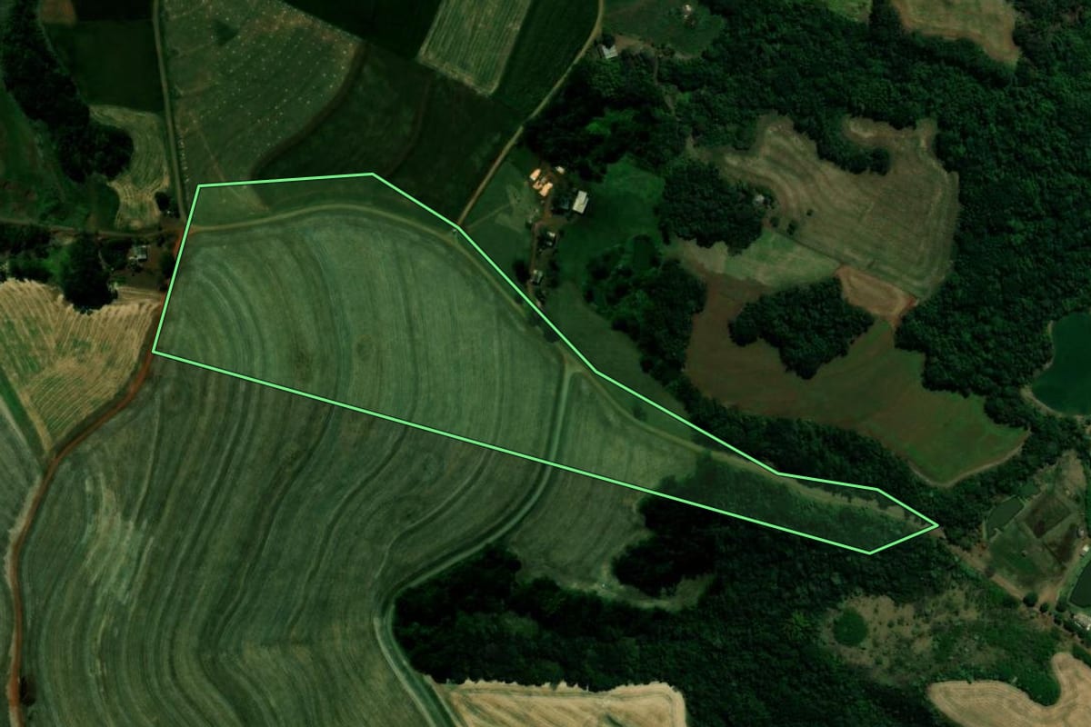 Imagem de satélite do imóvel rural em Lidianópolis (PR), com o contorno declarado no CAR desenhado por cima.
