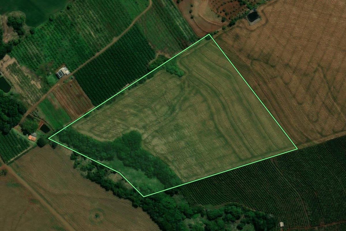 Imagem de satélite do imóvel rural em Lidianópolis (PR), com o contorno declarado no CAR desenhado por cima.