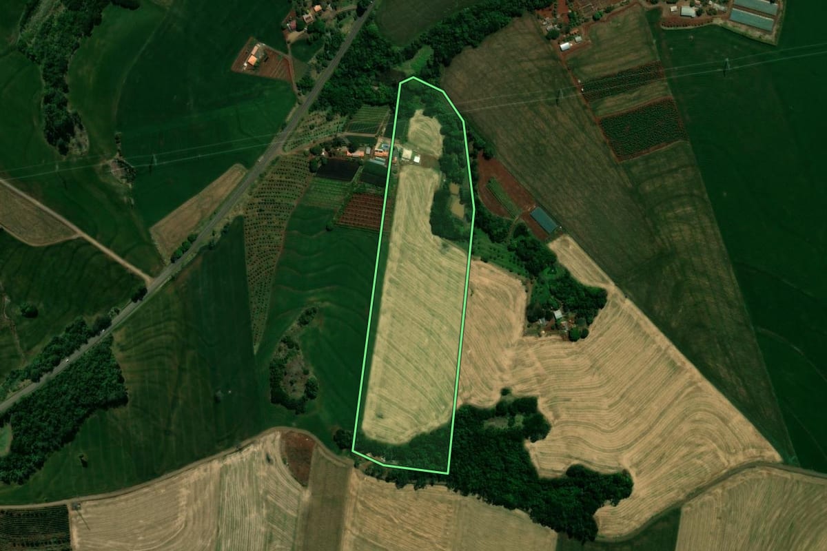 Imagem de satélite do imóvel rural em Lidianópolis (PR), com o contorno declarado no CAR desenhado por cima.