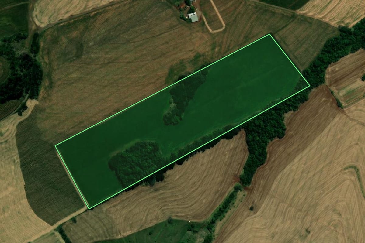 Imagem de satélite do imóvel rural em Lidianópolis (PR), com o contorno declarado no CAR desenhado por cima.