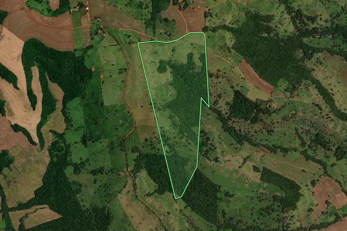 Imagem de satélite do imóvel rural em Lindoeste (PR), com o contorno declarado no CAR desenhado por cima.