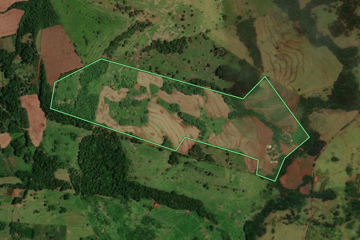 Imagem de satélite do imóvel rural em Lindoeste (PR), com o contorno declarado no CAR desenhado por cima.