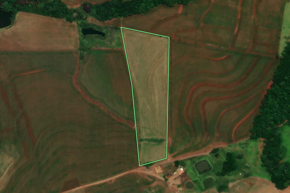 Imagem de satélite do imóvel rural em Lindoeste (PR), com o contorno declarado no CAR desenhado por cima.