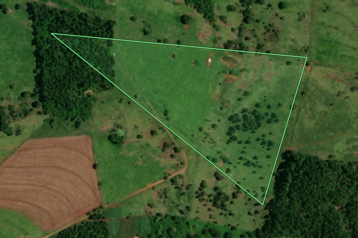 Imagem de satélite do imóvel rural em Lindoeste (PR), com o contorno declarado no CAR desenhado por cima.