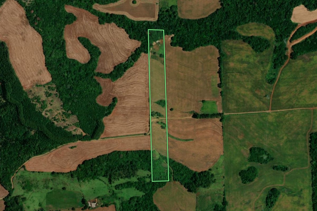 Imagem de satélite do imóvel rural em Lindoeste (PR), com o contorno declarado no CAR desenhado por cima.
