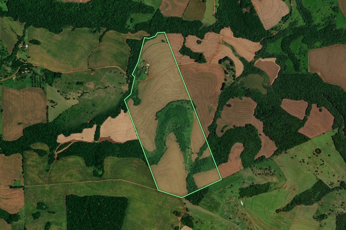 Imagem de satélite do imóvel rural em Lindoeste (PR), com o contorno declarado no CAR desenhado por cima.