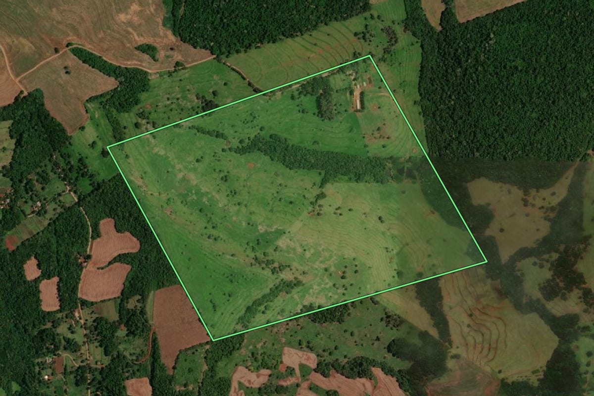 Imagem de satélite do imóvel rural em Lindoeste (PR), com o contorno declarado no CAR desenhado por cima.