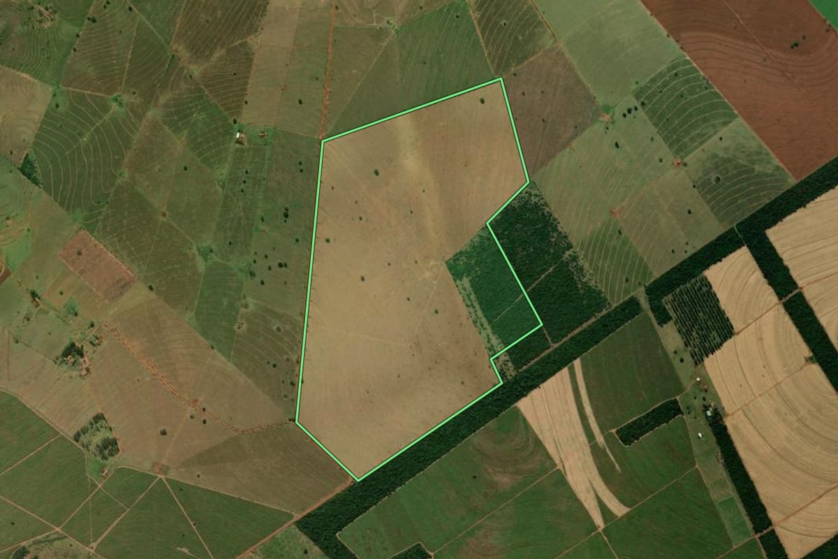 Imagem de satélite do imóvel rural em Loanda (PR), com o contorno declarado no CAR desenhado por cima.