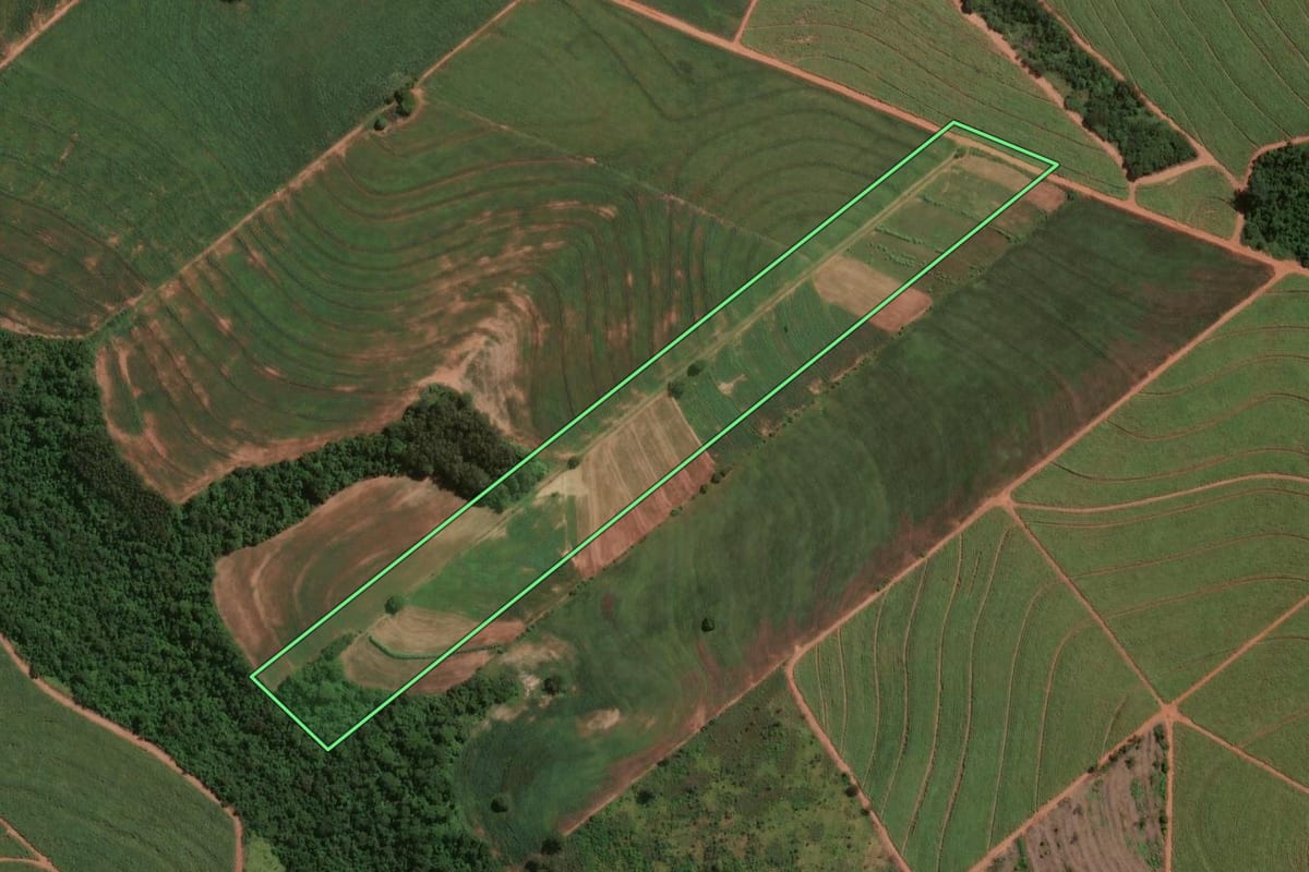 Imagem de satélite do imóvel rural em Lobato (PR), com o contorno declarado no CAR desenhado por cima.