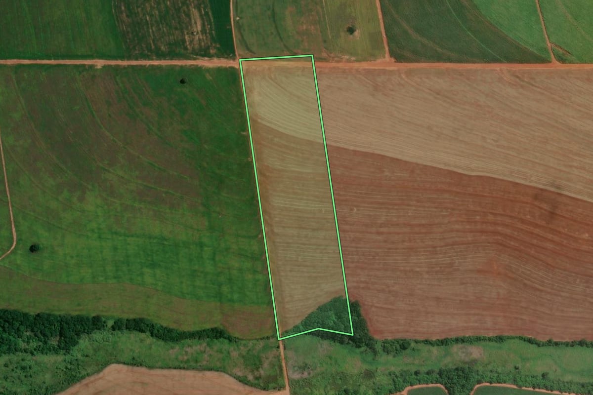 Imagem de satélite do imóvel rural em Lobato (PR), com o contorno declarado no CAR desenhado por cima.