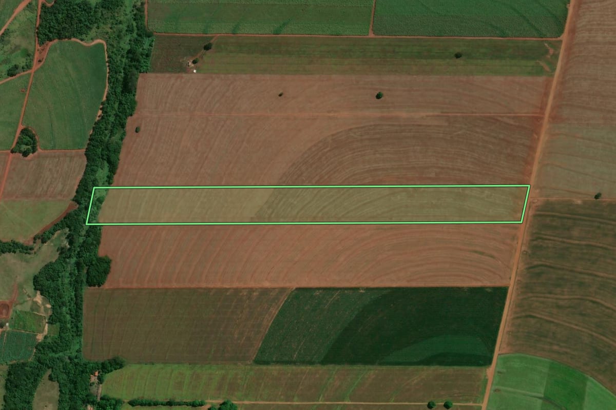 Imagem de satélite do imóvel rural em Lobato (PR), com o contorno declarado no CAR desenhado por cima.