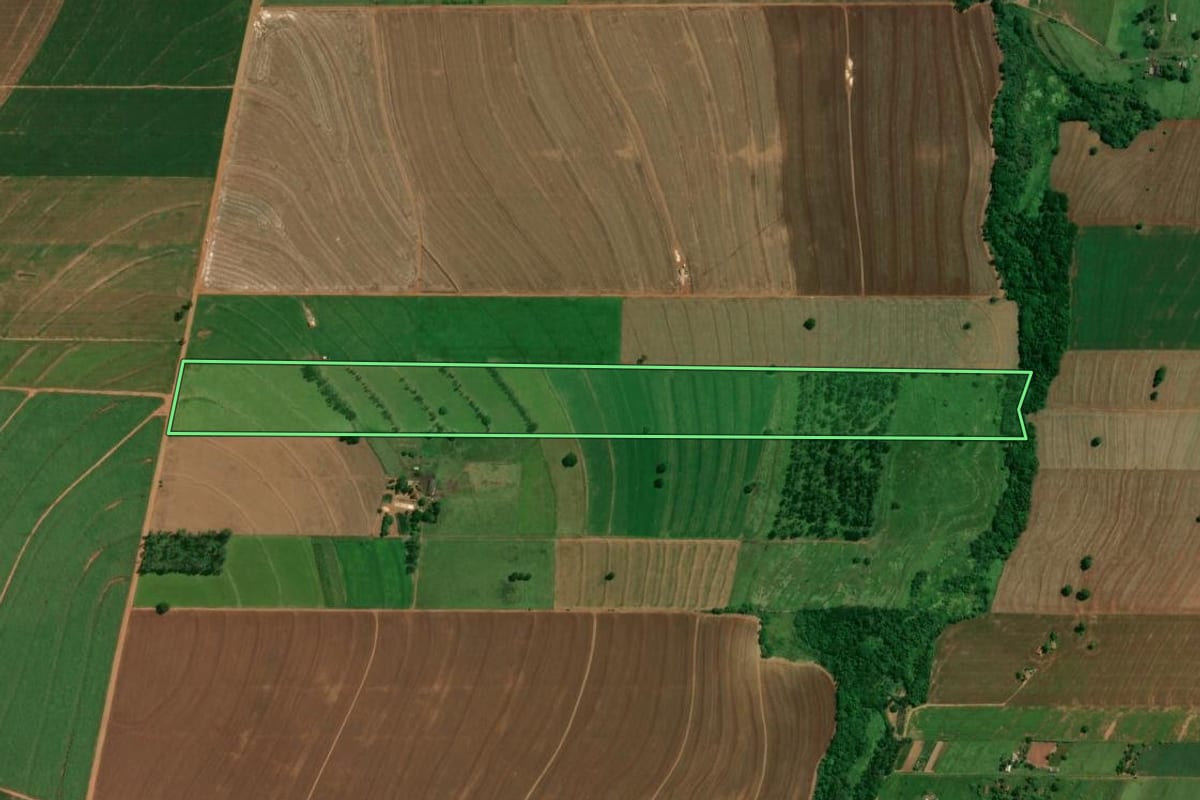 Imagem de satélite do imóvel rural em Lobato (PR), com o contorno declarado no CAR desenhado por cima.