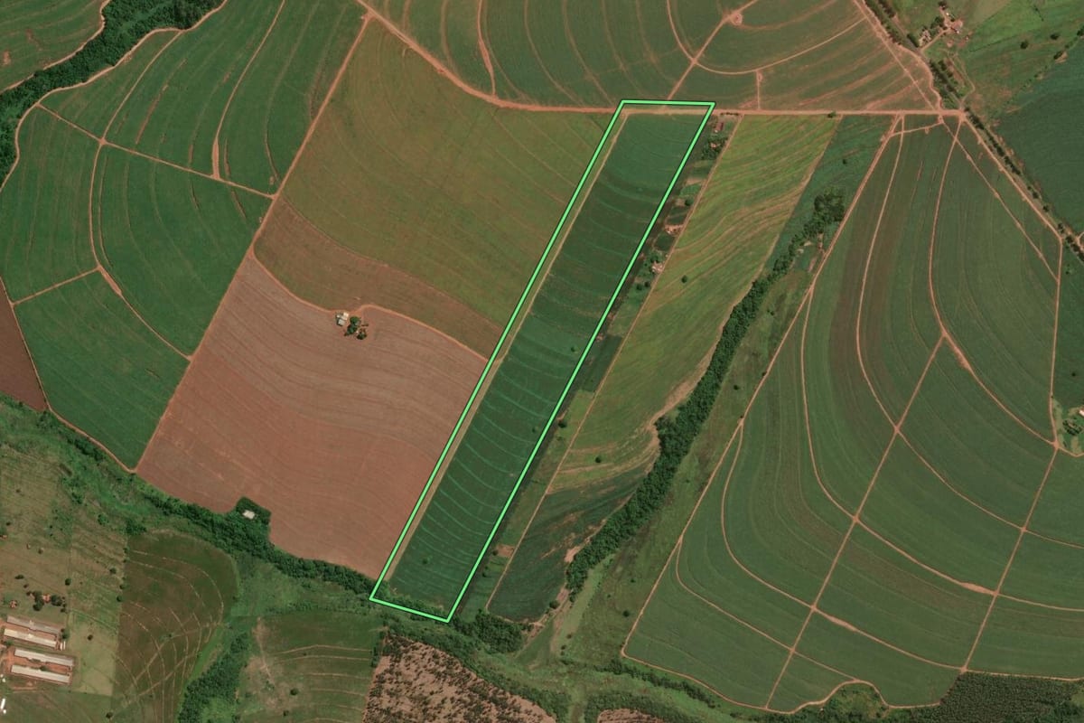 Imagem de satélite do imóvel rural em Lobato (PR), com o contorno declarado no CAR desenhado por cima.