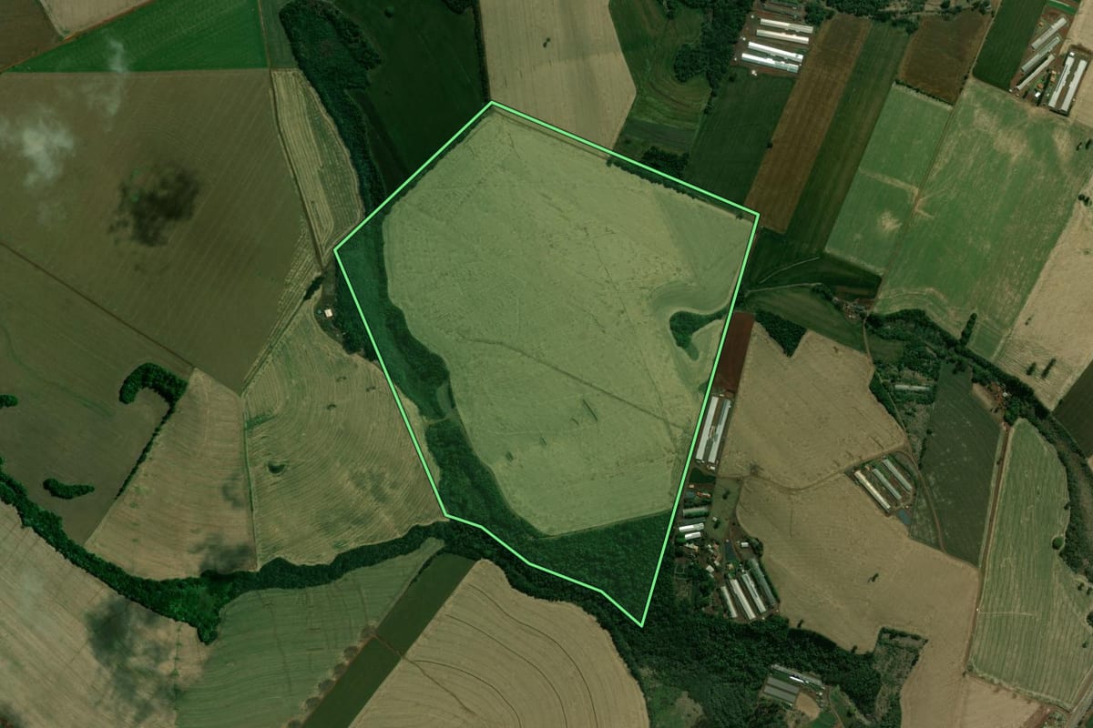 Imagem de satélite do imóvel rural em Londrina (PR), com o contorno declarado no CAR desenhado por cima.