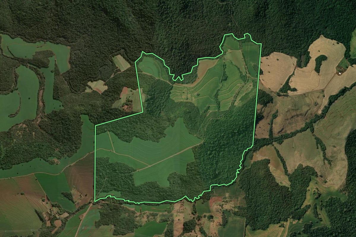 Imagem de satélite do imóvel rural em Londrina (PR), com o contorno declarado no CAR desenhado por cima.