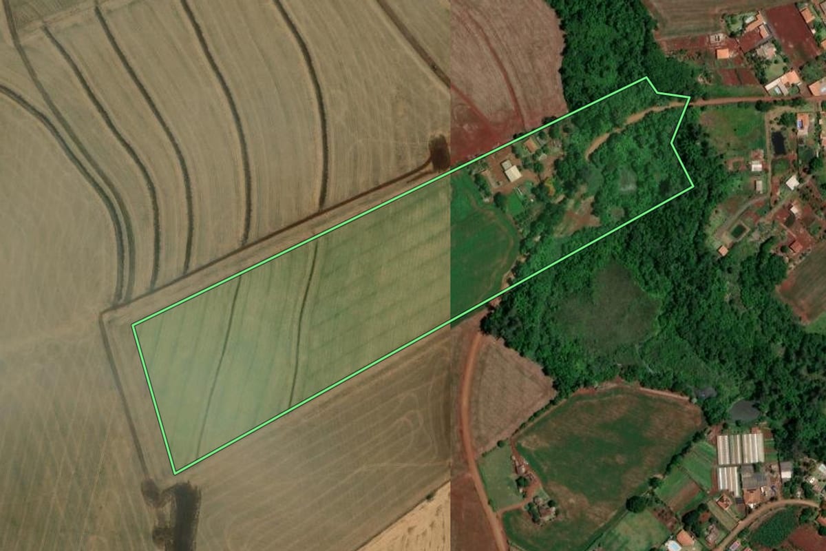 Imagem de satélite do imóvel rural em Londrina (PR), com o contorno declarado no CAR desenhado por cima.
