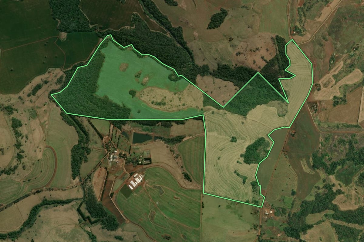 Imagem de satélite do imóvel rural em Londrina (PR), com o contorno declarado no CAR desenhado por cima.