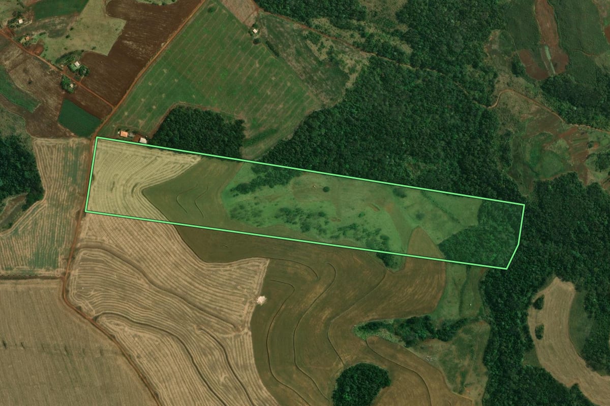 Imagem de satélite do imóvel rural em Londrina (PR), com o contorno declarado no CAR desenhado por cima.
