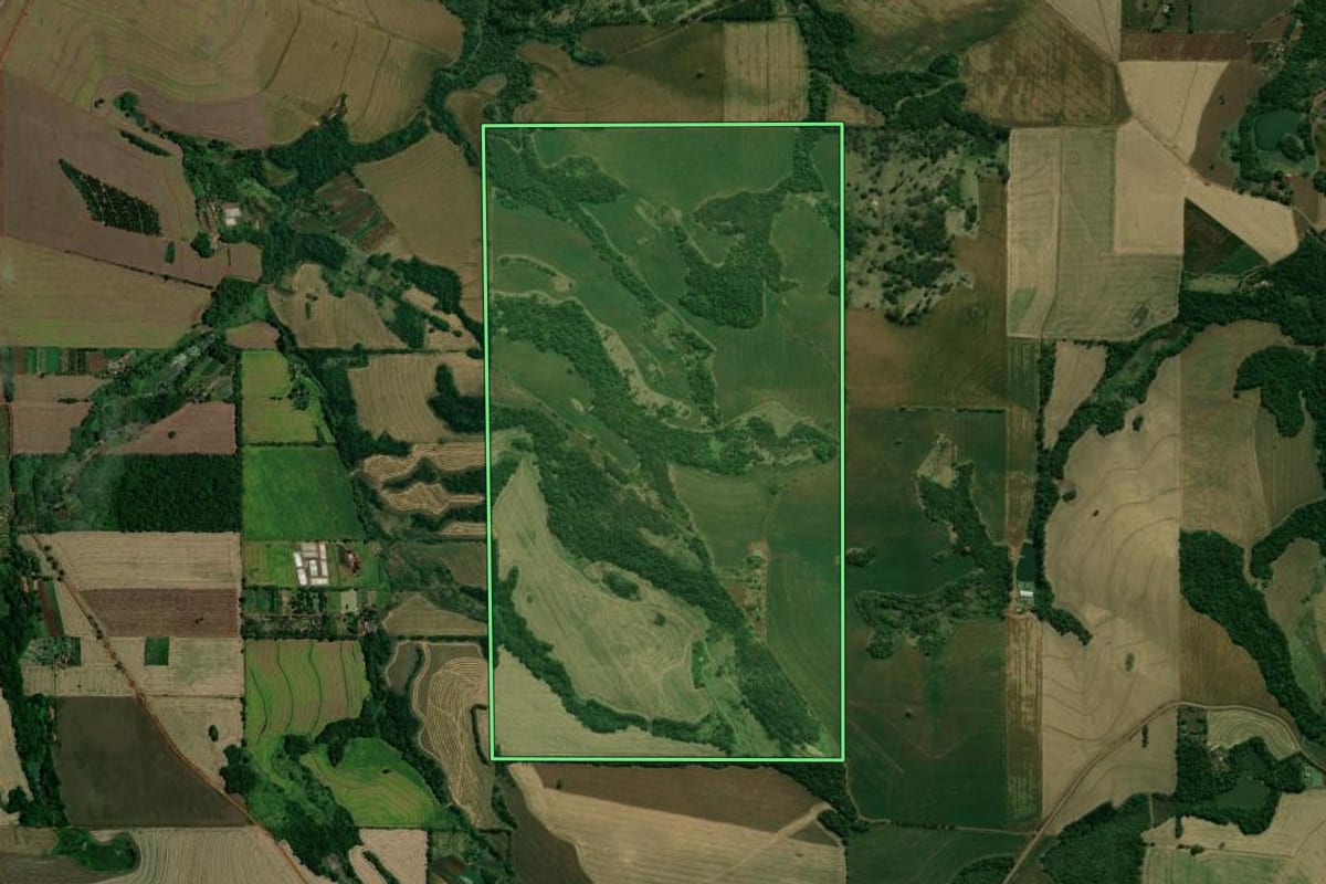 Imagem de satélite do imóvel rural em Londrina (PR), com o contorno declarado no CAR desenhado por cima.