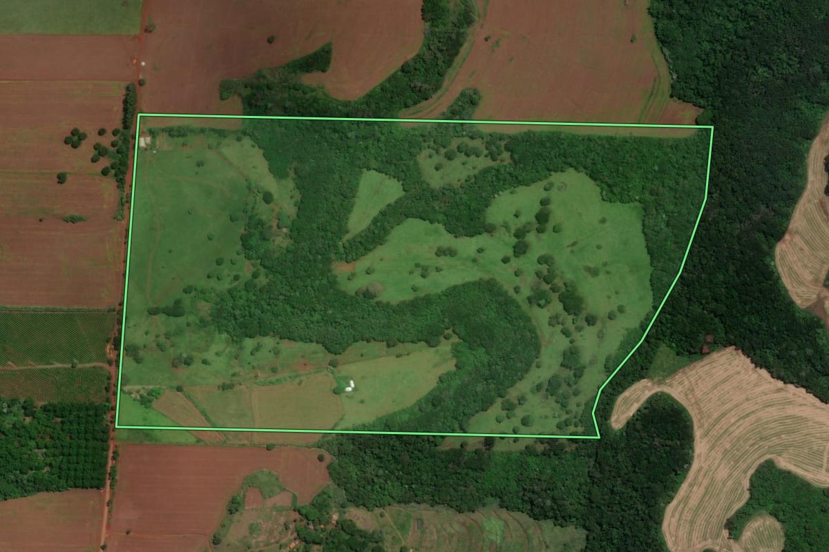 Imagem de satélite do imóvel rural em Londrina (PR), com o contorno declarado no CAR desenhado por cima.