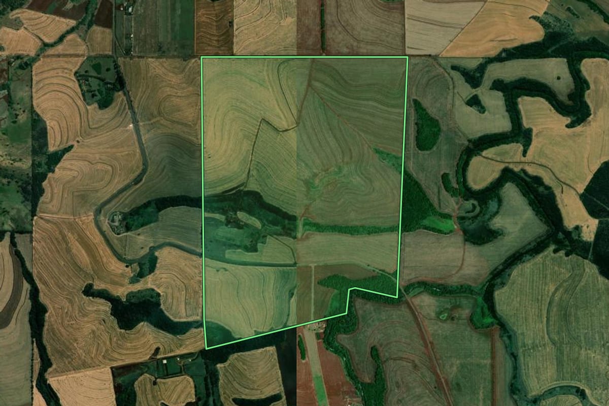 Imagem de satélite do imóvel rural em Londrina (PR), com o contorno declarado no CAR desenhado por cima.