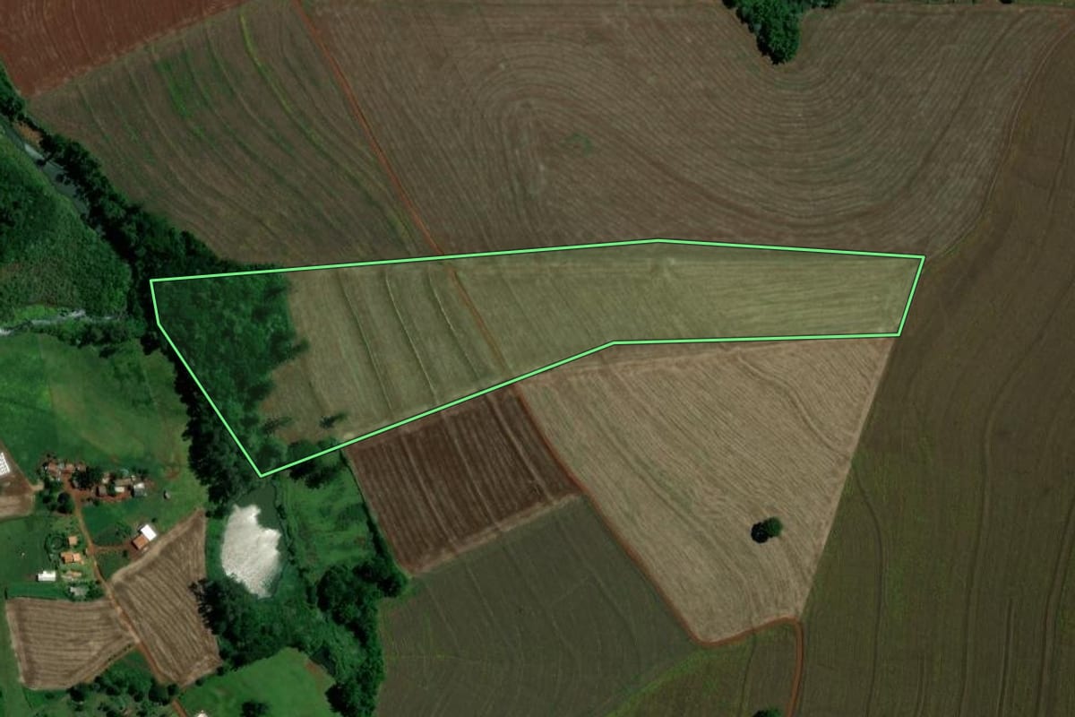 Imagem de satélite do imóvel rural em Londrina (PR), com o contorno declarado no CAR desenhado por cima.