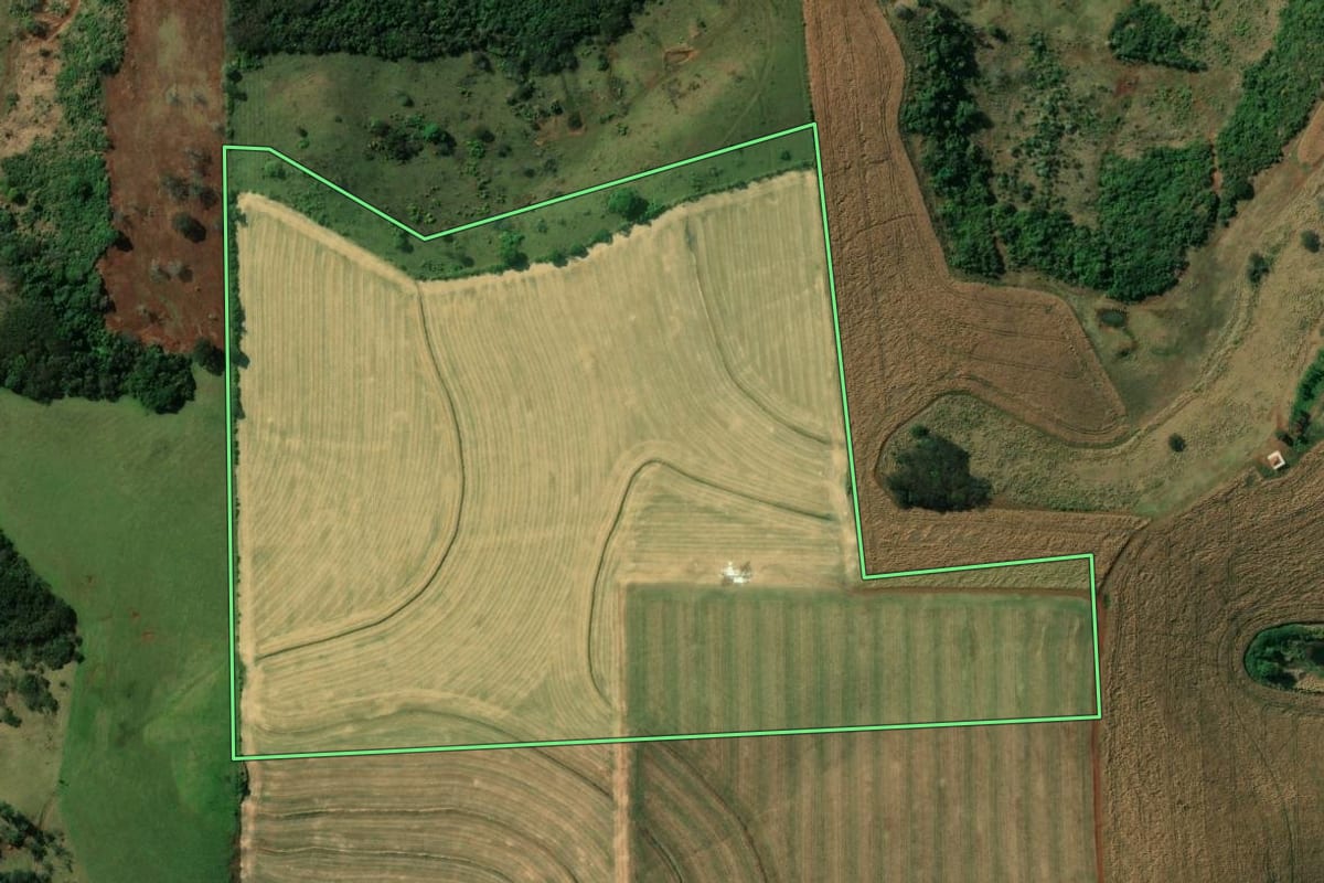 Imagem de satélite do imóvel rural em Londrina (PR), com o contorno declarado no CAR desenhado por cima.