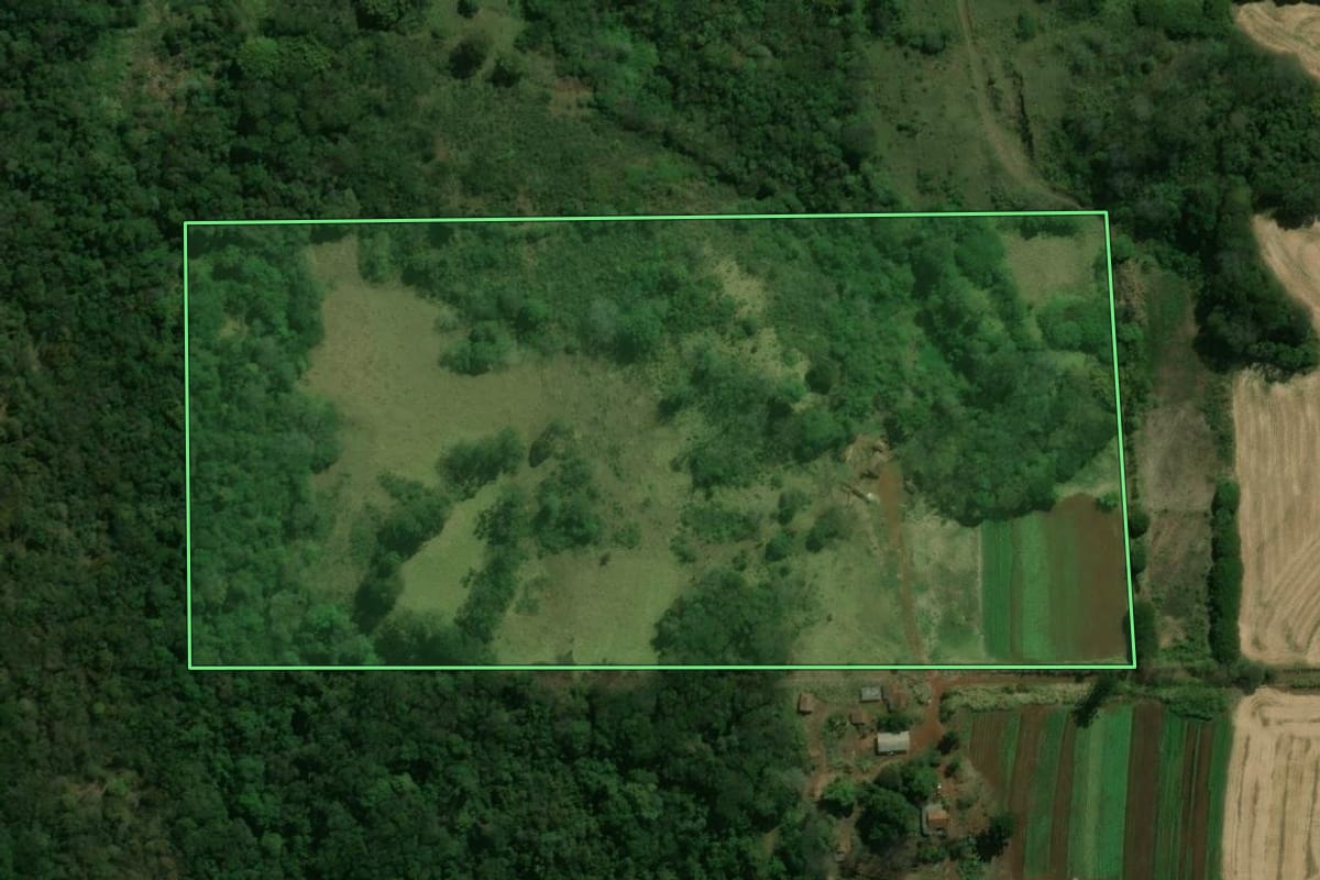 Imagem de satélite do imóvel rural em Londrina (PR), com o contorno declarado no CAR desenhado por cima.