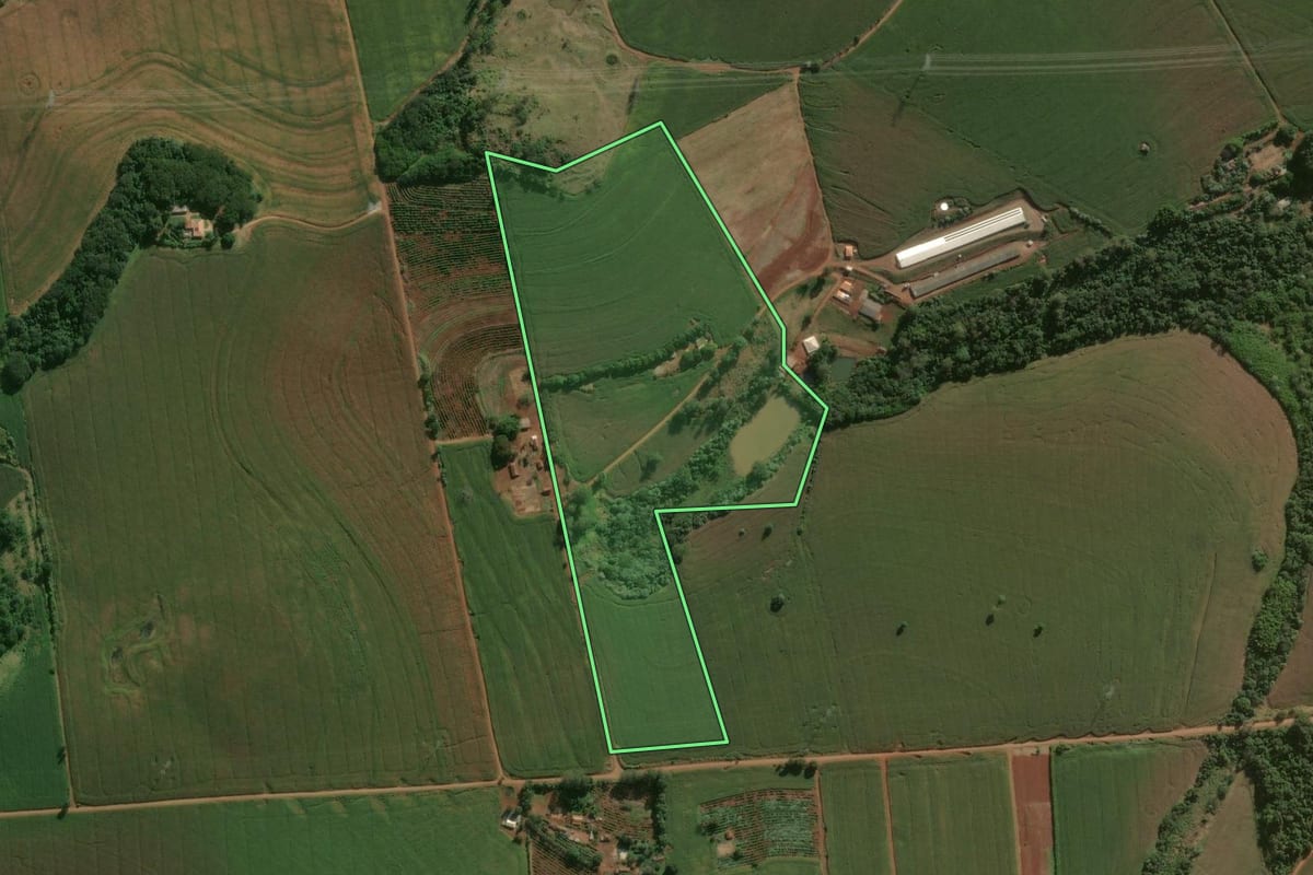 Imagem de satélite do imóvel rural em Londrina (PR), com o contorno declarado no CAR desenhado por cima.