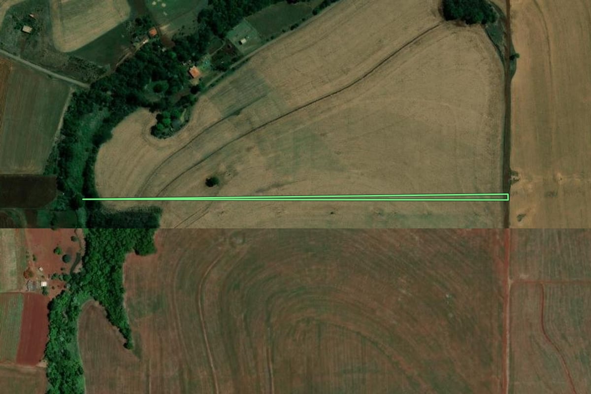 Imagem de satélite do imóvel rural em Londrina (PR), com o contorno declarado no CAR desenhado por cima.
