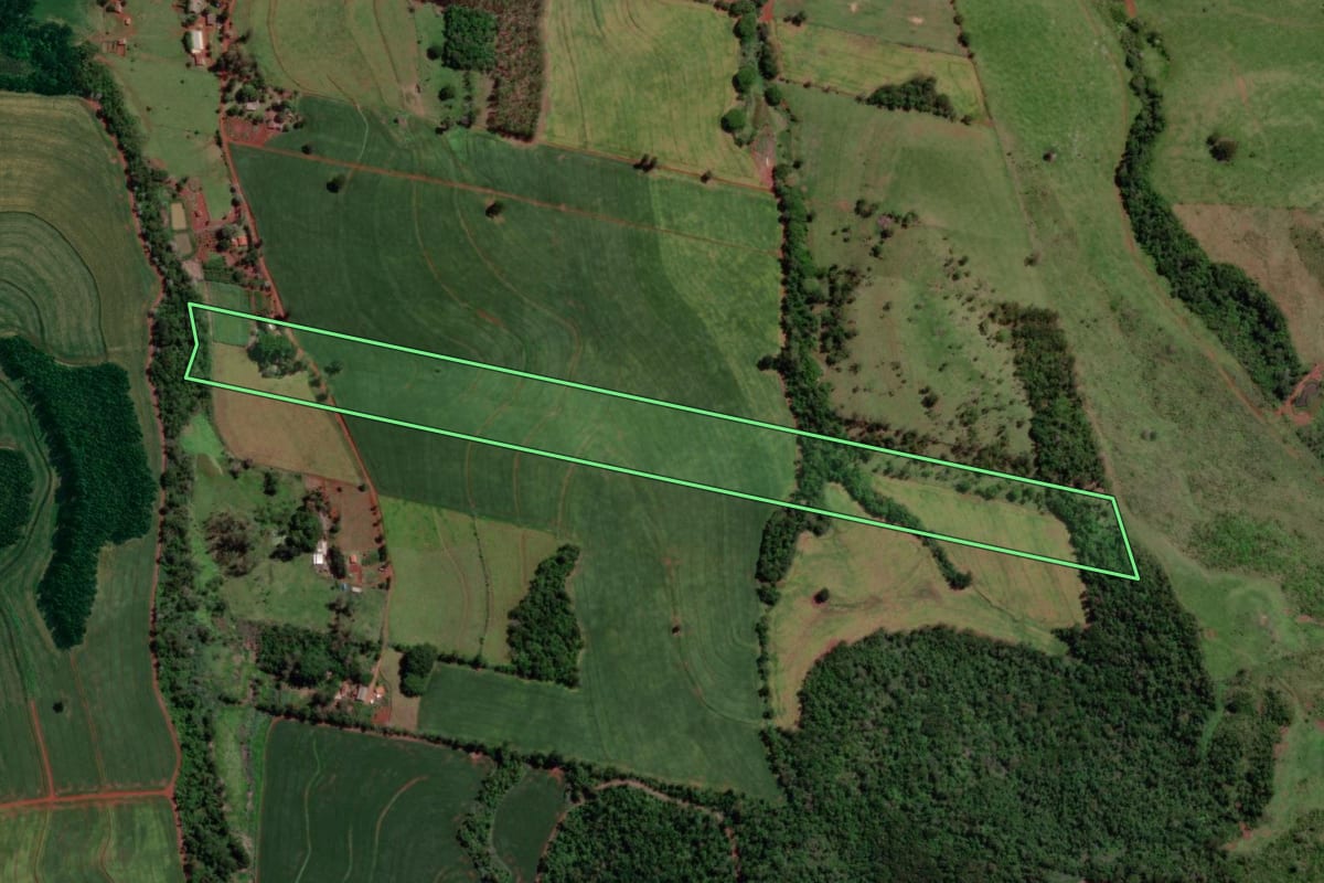 Imagem de satélite do imóvel rural em Londrina (PR), com o contorno declarado no CAR desenhado por cima.