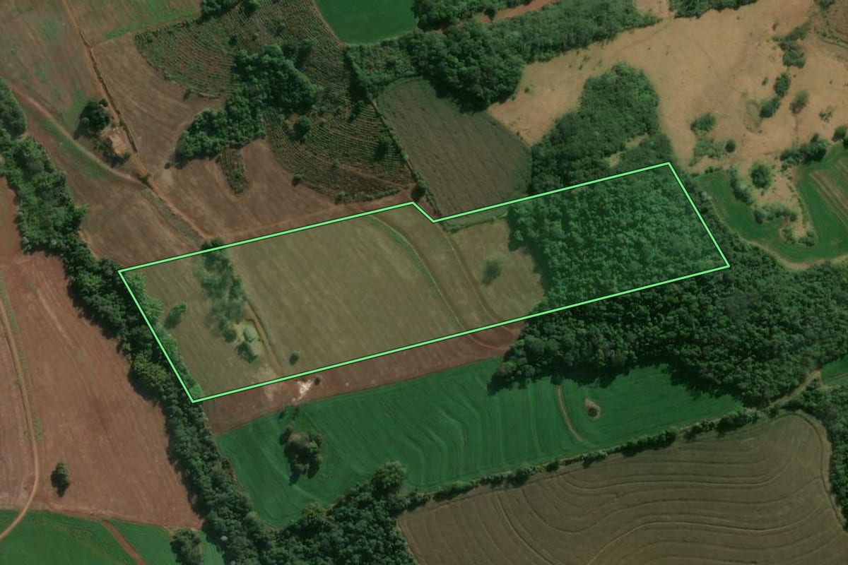 Imagem de satélite do imóvel rural em Londrina (PR), com o contorno declarado no CAR desenhado por cima.