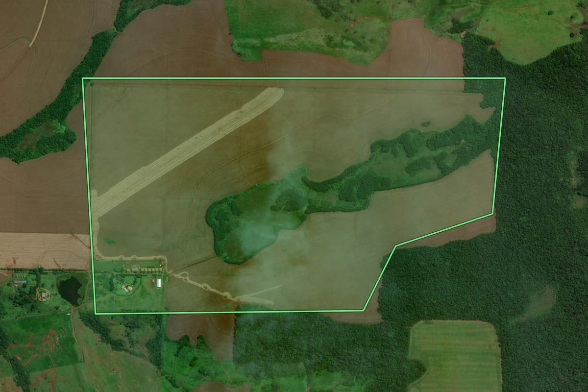 Imagem de satélite do imóvel rural em Londrina (PR), com o contorno declarado no CAR desenhado por cima.