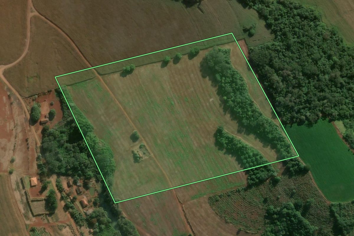 Imagem de satélite do imóvel rural em Londrina (PR), com o contorno declarado no CAR desenhado por cima.