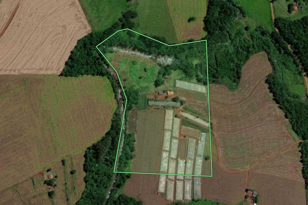 Imagem de satélite do imóvel rural em Londrina (PR), com o contorno declarado no CAR desenhado por cima.