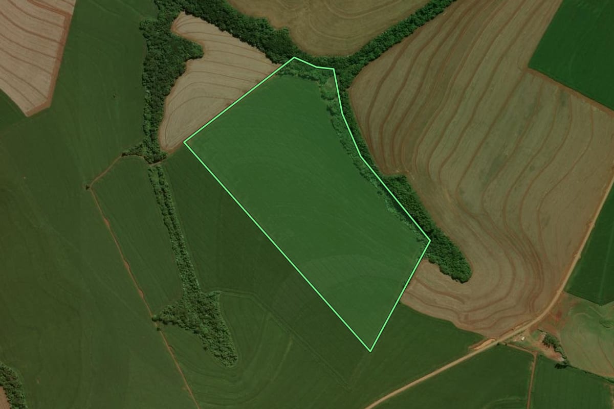 Imagem de satélite do imóvel rural em Luiziana (PR), com o contorno declarado no CAR desenhado por cima.