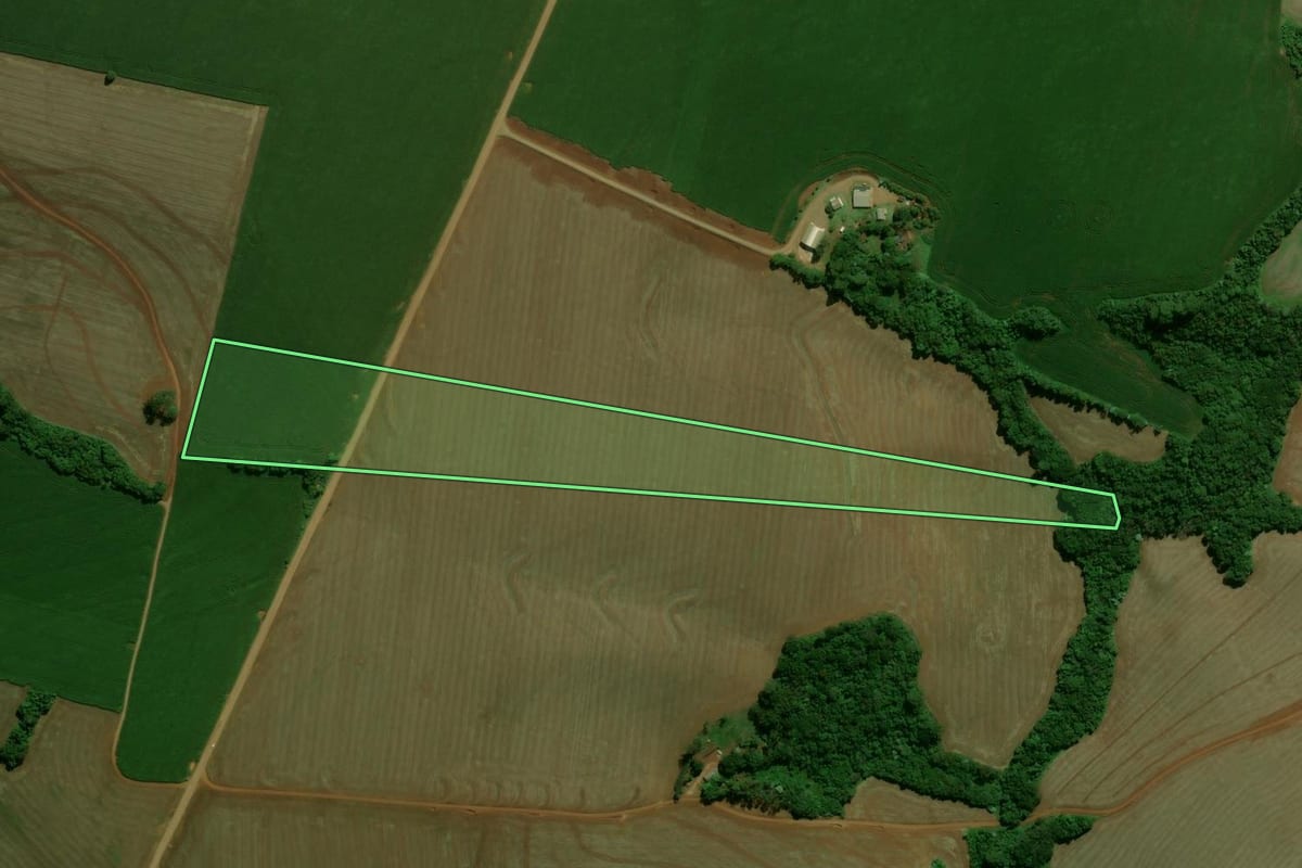 Imagem de satélite do imóvel rural em Luiziana (PR), com o contorno declarado no CAR desenhado por cima.
