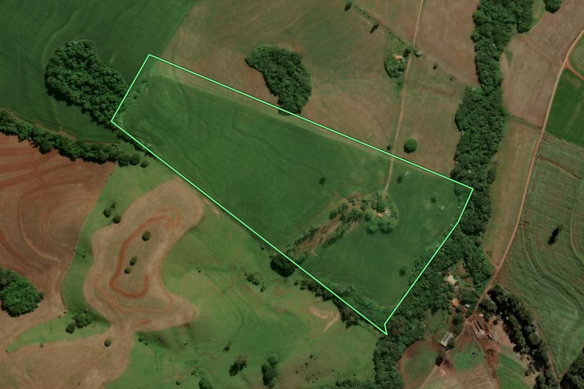 Imagem de satélite do imóvel rural em Luiziana (PR), com o contorno declarado no CAR desenhado por cima.