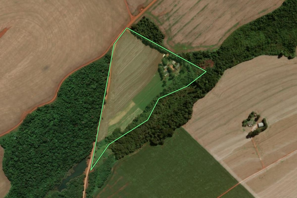 Imagem de satélite do imóvel rural em Luiziana (PR), com o contorno declarado no CAR desenhado por cima.