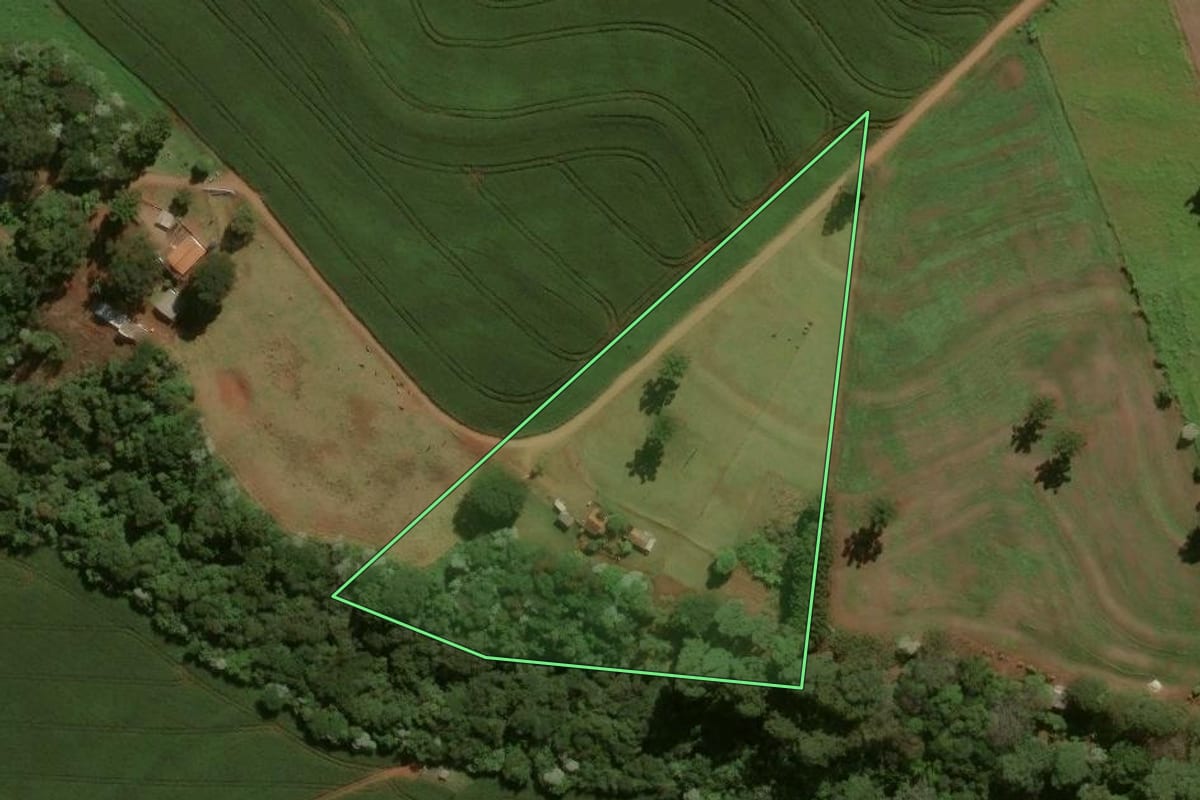 Imagem de satélite do imóvel rural em Luiziana (PR), com o contorno declarado no CAR desenhado por cima.