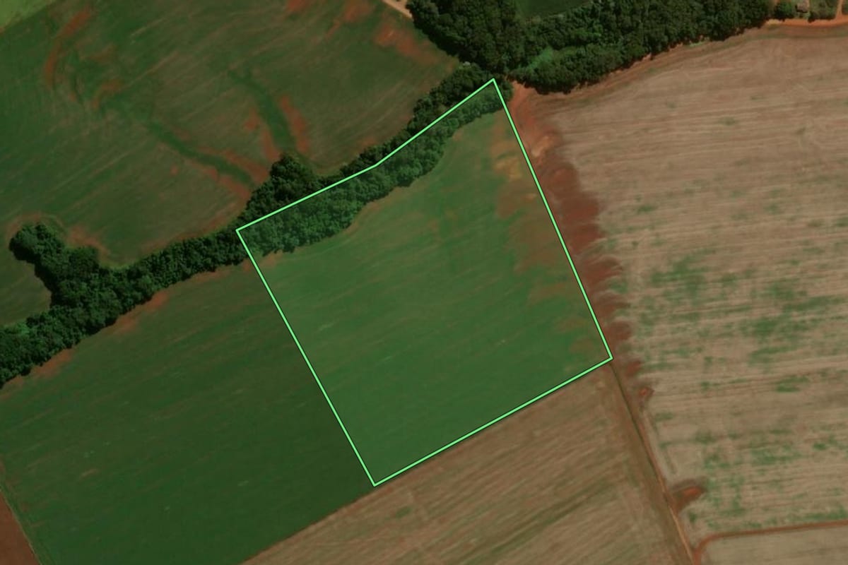 Imagem de satélite do imóvel rural em Luiziana (PR), com o contorno declarado no CAR desenhado por cima.
