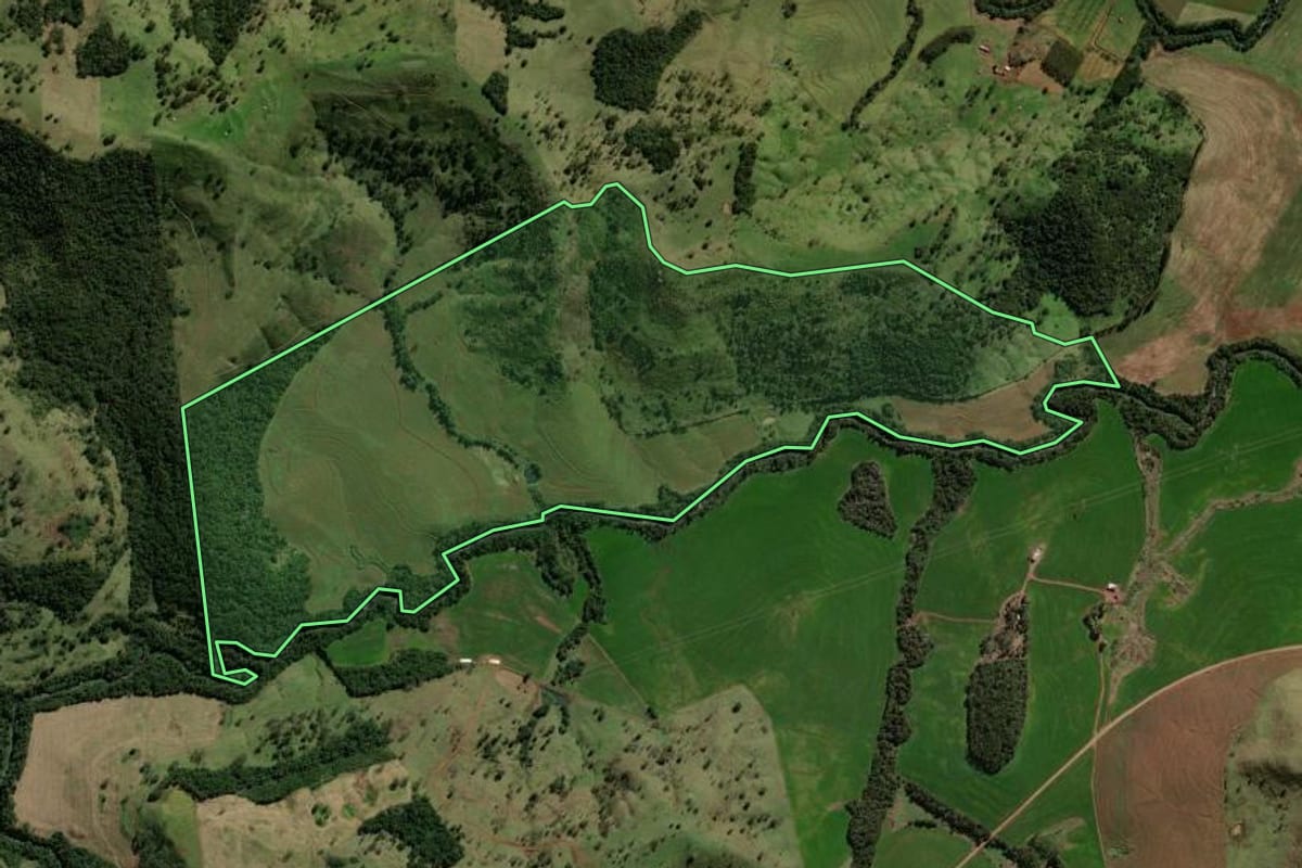 Imagem de satélite do imóvel rural em Luiziana (PR), com o contorno declarado no CAR desenhado por cima.